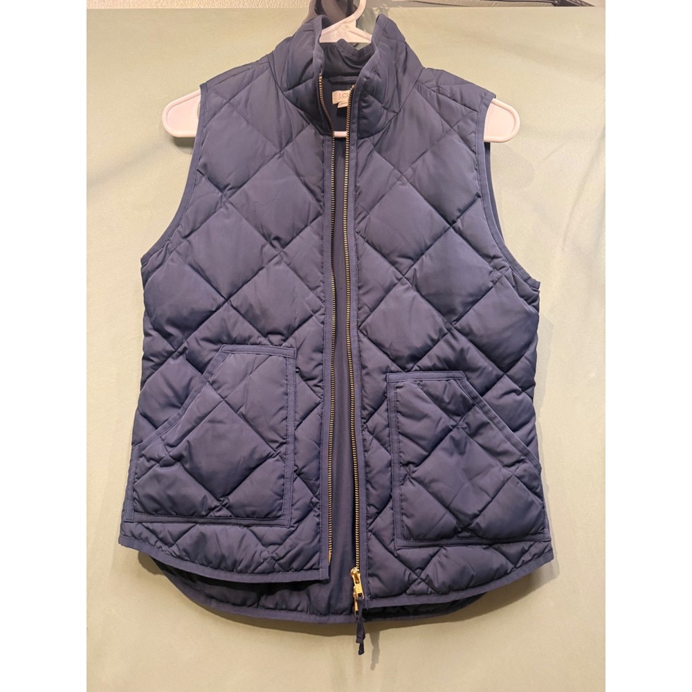 Women's J.Crew Quilted Puffer Vest Navy Blue Down Feather Zip Jacket Size XS